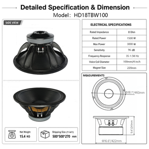 Subwoofer professionnel 18 pouces 1500W AES, bobine vocale 4 pouces, 96dB haute sensibilité, haut-parleur de basses audio professionnel pour sonorisation live et discothèque - Product Image 3