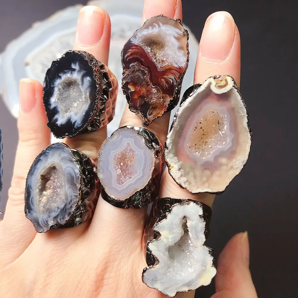 LS-A756 natural druzy agate ring antique black plating gemstone natural stone ring handmade jewelry for men hot selling
