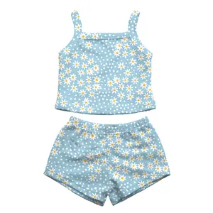 Kustom wafel kain Tank Crop kemeja Bummies celana pendek 2 buah set gadis pakaian musim panas anak-anak set