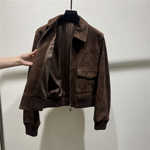 Áo khoác bomber da lộn cừu thật mềm mại, tay dài, có khóa kéo, sang trọng, thời trang, bán buôn, có thể tùy chỉnh, chất liệu da thật, dành cho nữ - Product Image 6