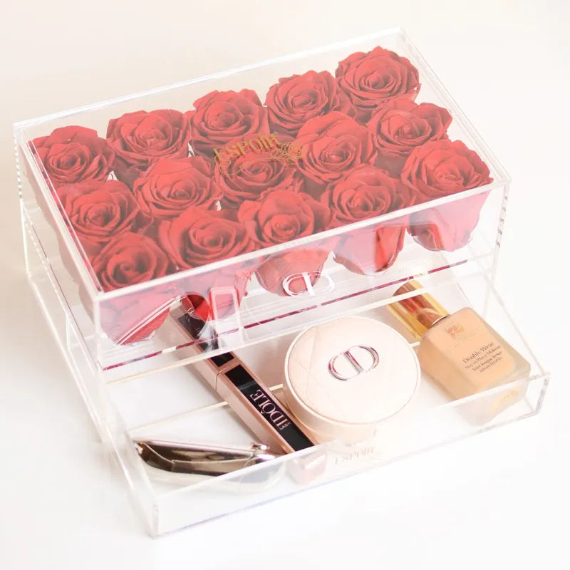 Caja de flores moderna de acrílico Rectangular transparente personalizada, regalo de compromiso, caja de 15 rosas preservadas Rojas, joyero de acrílico con cajón