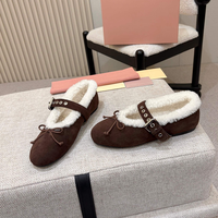 Chaussures plates pour femmes, blanches, doublées de polaire pour l'hiver, style Mary Jane, en daim, avec boucle à nœud, confortables et chaudes, ballerines de haute qualité, chaussures de luxe