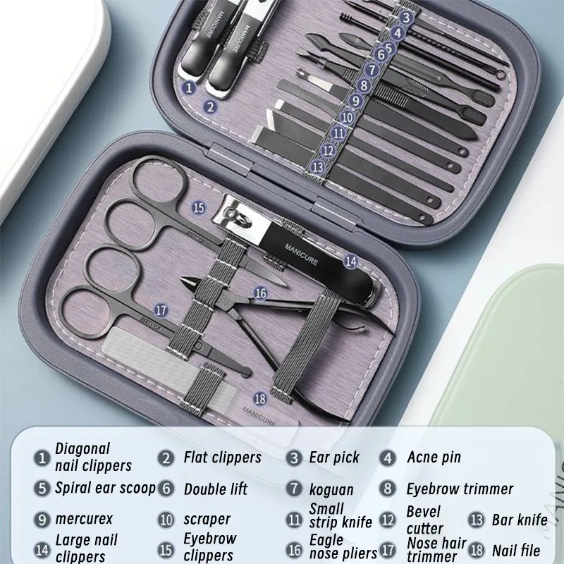 جديد مجموعة مانيكير 18 في 1 مجموعة قصافة أظافر وباديكير أدوات مانيكير من الفولاذ المقاوم للصدأ مجموعة عناية بالأظافر مع حافظة مميزة