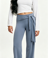 Pantalon large taille haute bleu poudré pour femme avec ceinture à nouer, coupe décontractée fluide pour le quotidien et le streetwear