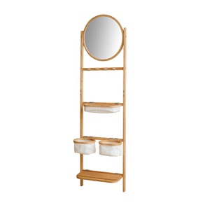 BAMBOO Wooden Natural Bathroom Valet Towel Storage Rack <strong>Leaning</strong> <strong>Ladder</strong> <strong>Shelf</strong> with Mirror - Product Image 1