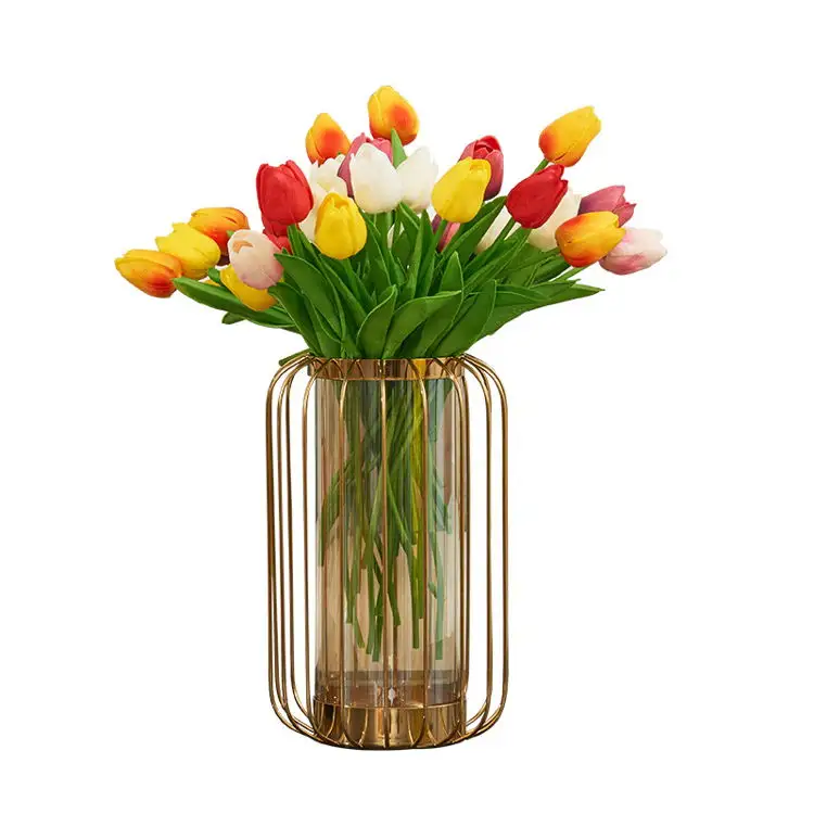 Metal vazo lüks altın vazo ev dekorasyon sıcak satış silindir Floreros-De-Metal İskandinav tarzı Metal çerçeve cam vazo