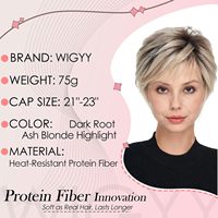 WIGYY Peluca corta tipo Pixie para mujer, color blanco, rizado, rubio ceniza, raíces oscuras, resistente al calor a alta temperatura, sintético, ligero, sin pegamento