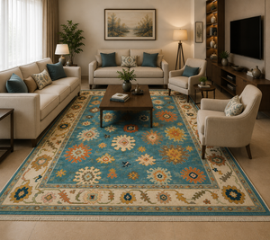 Wool Floral Azure Blossom Oushak Hand Knotted Eco-Friendly Traditional Low Pile Rug 5' X 8' - Product Image 5
