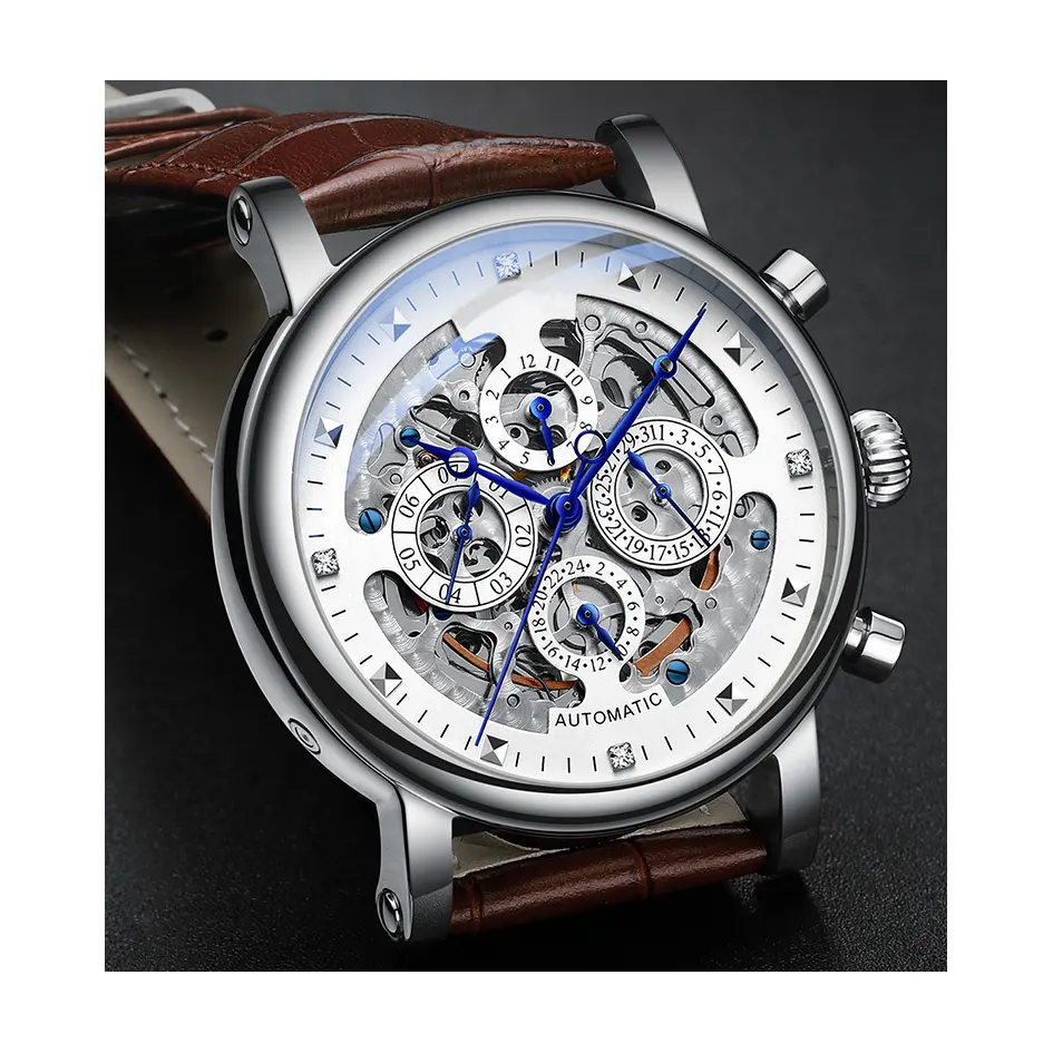 Wholesales Cow Leather Strap Skeleton Calendar Waterproof Men Business Mechanical Watches
