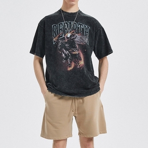 Camiseta Negra Extra Grande para Hombre, Estilo Vintage Lavado, con Estampado Gráfico de Pegaso Flameante, Ropa Urbana - Product Image 3
