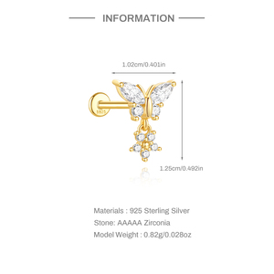 Piercing de Cartílago con Forma de Mariposa y Flor, Chapado en Oro de 18K, Plata 925, Zirconia 5A, 1.2*8mm - Product Image 6
