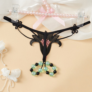 Plus Size <b>Sexy</b> <b>Thong</b> Black Nylon Woven Open Crotch Beaded Design Women Underwear - Product Image 2