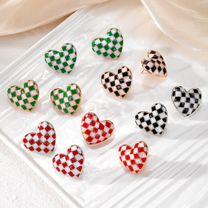 Heart Shape Enamel Clip-On <b>Earrings</b> In Red Green Black Checkered Pattern For Women Gift Fashion Jewelry - Product Image 1