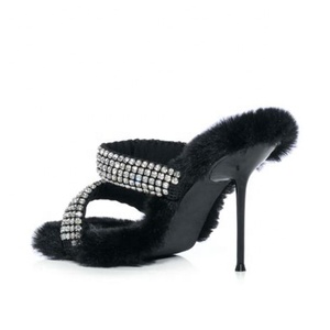 Mules à bout carré ouvert en fourrure pour femmes, talons hauts fins, chaussures brillantes ornées de diamants, sandales d'été à enfiler pour filles, grandes tailles 45 - Product Image 2