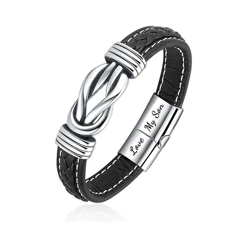 Custom Mother & Son Forever Linked Together Braided Leather Bracelet Men's Stainless Braided Leather Bracelet Bangle Wristband