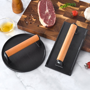 Prensa para carne de hierro fundido de alta resistencia, antiadherente, de base plana, redonda y rectangular, para carne, bistec, tocino y Smash Burger, con mango de madera - Product Image 3