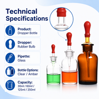 Flacons compte-gouttes en verre ambré transparent 30ml 60ml 125ml avec bouchon pipette en caoutchouc