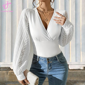 Loveda Großhandel Sommer Frauen Sexy Chiffon Spleißen Einfarbig Gestrickt Tief V-Ausschnitt Langarm <span class=keywords><strong>Top</strong></span> - Product Image 1