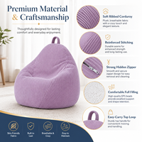 Canapé pouf moderne en velours côtelé violet lilas, forme goutte d'eau avec poignée supérieure, doux et confortable pour le salon