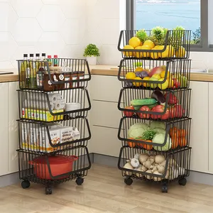 Cesta de carrinho de aço inoxidável, cesta de três camadas para prateleira de cozinha, multicamadas, móvel, armazenamento de frutas e vegetais