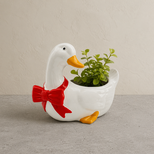 Maceta <span class=keywords><strong>de</strong></span> Cerámica con Forma <span class=keywords><strong>de</strong></span> <span class=keywords><strong>Pato</strong></span> con Lazo Rojo y Postura <span class=keywords><strong>de</strong></span> Cabeza Baja, Acabado Blanco Brillante, Decoración <span class=keywords><strong>de</strong></span> Jardín, Venta al por Mayor - Product Image 2