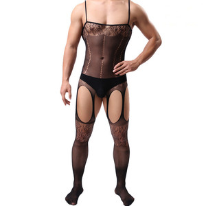 Body résille sexy pour homme en Spandex et Nylon noir, taille mi-haute, élastique et transparent, pour le dropshipping transfrontalier - Product Image 1