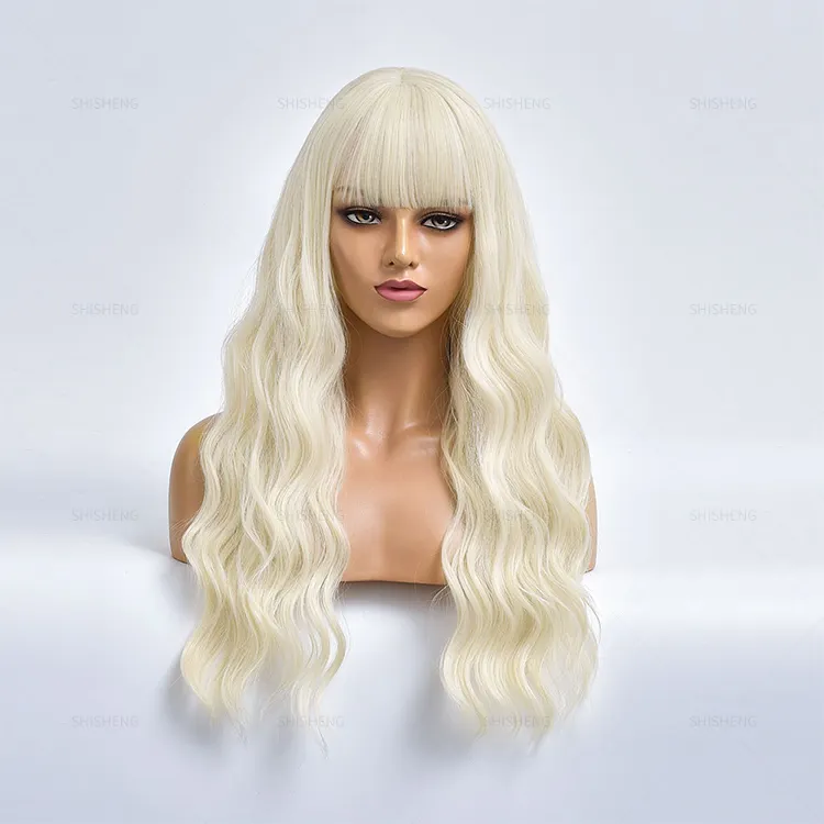 SHI SHENG Long Light Blonde Wigs with Bangs Heat Resistant Synthetic Wavy Wigs for Women African American Fashion Hair