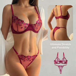 Set di lingerie sexy da donna, lingerie erotica in pizzo a vita bassa, set di reggiseno <span class=keywords><strong>push</strong></span>-<span class=keywords><strong>up</strong></span> e slip in pizzo trasparente da donna - Product Image 1