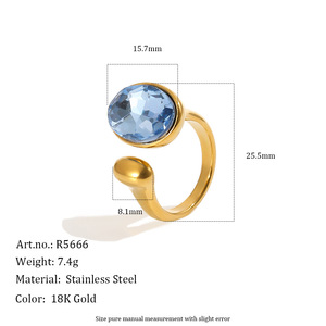 Stainless Steel 18K Gold Plated Open <b>Adjustable</b> <b>Ring</b> Multi‑Color Gemstone Statement Finger <b>Ring</b> For Women Trendy Jewelry - Product Image 1