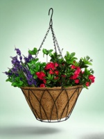 Panier suspendu en fil métallique noir à motif diamanté en ciment avec doublure en fibre de coco, jardinière suspendue pour véranda, patio, jardin