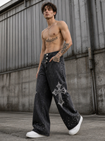 Jean large pour homme taille haute, coupe baggy, en denim délavé, avec croix en strass, style streetwear hip-hop, ourlet clouté