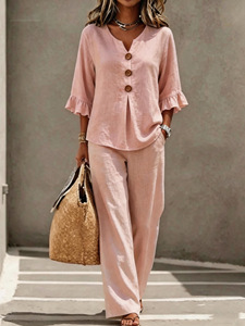 Wholesale Western Style Women 2 Piece Set V-neck Button Ruffle 3/4 Sleeve Top and <b>Pants</b> Set Private Label Tracksuit - Product Image 6