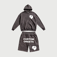 Ensemble survêtement homme gris foncé délavé avec logo personnalisé, sweat à capuche zippé et short, imprimé graphique, streetwear, OEM ODM, 2 pièces en coton