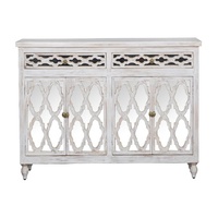 Buffet en bois sculpté à la main avec 4 portes et étagères de rangement |   Buffet vintage blanc vieilli |   Bois massif