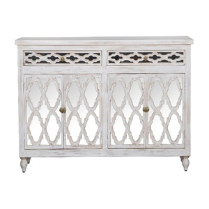 Aparador de Madera Tallado a Mano con 4 Puertas y Estantes de Almacenamiento |   Aparador Vintage Blanco con Acabado Desgastado |   Madera maciza - Product Image 2