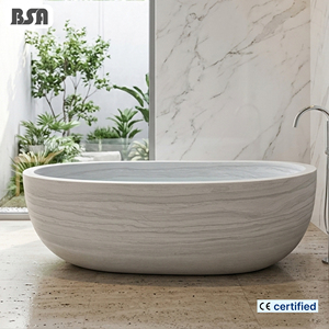 Baignoire autoportante ovale en marbre veiné blanc de luxe BSA, sculptée à la main en pierre naturelle, pour villas et hôtels - Product Image 1