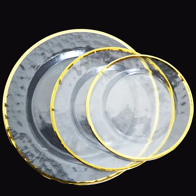 Clear gold rimmed glass wedding charger plates for dinner plates