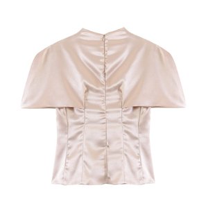 Blusa de satén de lujo para mujer con cuello mandarín y capa - Top peplum ajustado con detalles de botones, OEM/ODM de fábrica de ropa de China - Product Image 2