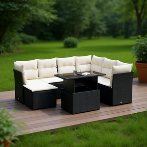 Ensemble de canapés de jardin en rotin noir avec coussins crème, mobilier d'extérieur au design contemporain, résistant à l'eau et aux UV, en rotin PE - Product Image 2