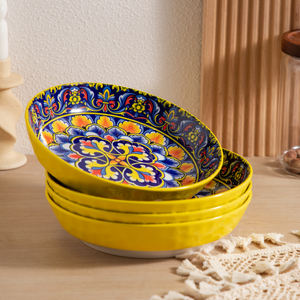 Service de table en céramique LOMATO jaune vif, imprimé floral mandala bohème, 18/24/36 pièces, texture en relief, tasses à café, assiettes - Product Image 5