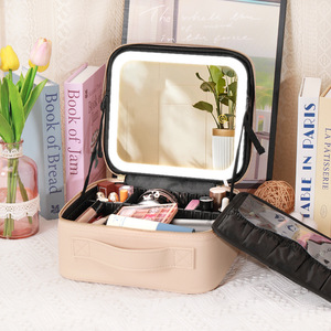 Bolsa de maquillaje portátil con espejo Led, espejo cuadrado de mano, gran capacidad para almacenamiento en el hogar y uso profesional, Color sólido - Product Image 2