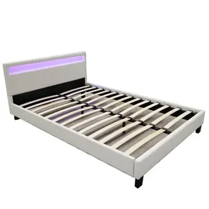Moderno y elegante dormitorio suave LED cambiante pantalla característica cabecero color blanco cuero PU tapizado marco de la cama