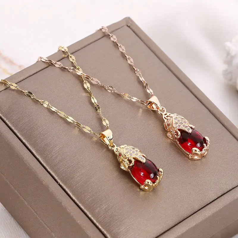 Оптовая продажа, модное ожерелье KY8156 с кубическим цирконием и красным кулоном, золотое ожерелье-чокер из Дубая