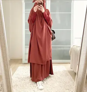 Eid 이슬람 여성 긴 Khimar 기도 의류 2 조각 세트 Abaya 드레스와 바지 전체 커버 이슬람 의류 Kaftan Jilbab Djellaba