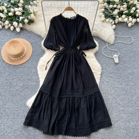 Robe longue décontractée élégante pour femme, coupe trapèze, avec empiècements en dentelle, taille à cordon de serrage et manches 3/4, idéale pour le quotidien et les vacances