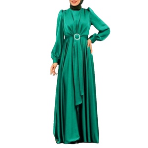 Vestido Largo Modesto con Mangas Abullonadas, Diseño de Tirantes Cruzados, Cintura Natural, Estilo Simple Ecológico, Color Sólido para Dubái, Musulmán, <span class=keywords><strong>Cabaya</strong></span> - Product Image 1