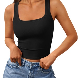 Camisetas sin mangas acanaladas para mujer 2025, cuello cuadrado, estilo crop, ropa de verano para entrenamiento, logotipo personalizado, venta al por mayor - Product Image 3