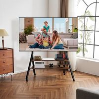 Chariot TV en bois robuste en forme de A avec roulettes pour écran de 55 à 100 pouces, support de sol pour TV de studio réglable en hauteur avec 2 étagères