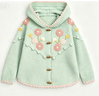 Cardigan en tricot épais à capuche pour bébés filles, broderie florale faite à la main, doux et respirant, avec boutons en corne, OEM ODM, collection hiver