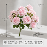 Bouquet de fleurs artificielles exquises en soie, roses et hortensias, 11 branches, décoration florale pour mariage, décoration de salon